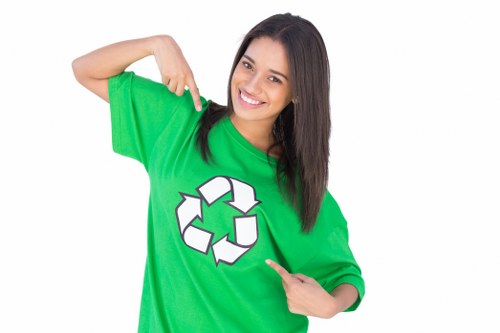 A young woman with long, dark hair and a cheerful expression is wearing a bright green T-shirt featuring a white recycling symbol. She is pointing to the symbol with her right hand while her left hand is raised, finger pointing down towards the recycling graphic. The background is plain white, emphasizing her and the T-shirt's design. The overall impression is friendly and environmentally conscious, aligning with themes of waste management and recycling, suitable for a rubbish removal service website. The image is clean, well-lit, and focuses on her upper body and T-shirt, with no additional objects or background details visible.